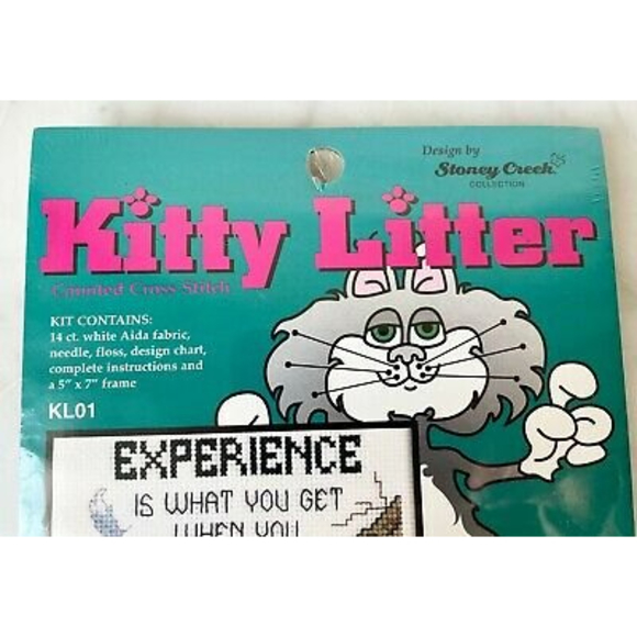 Janlynn Kitty Litter Counted Cross Stitch Kit Experience w/Black 5 x 7 Frame NEW - Picture 2 of 3